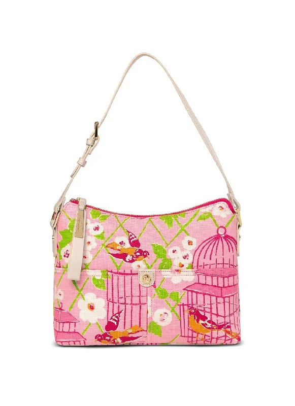 Quilted handle bags with stylish textured finish -Wilson Dixie Linen Hobo Bag in Ivory/Pink Bird