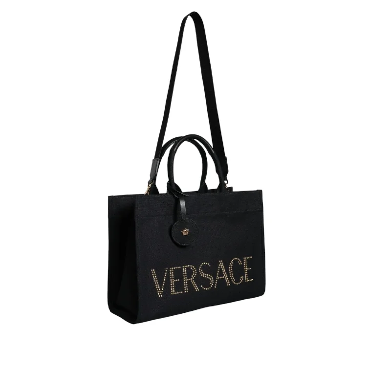 Handle bags with sleek silhouettes for fashion -Versace Black Top Handle Canvas Leather Logo Crossbody Tote Women's Bag