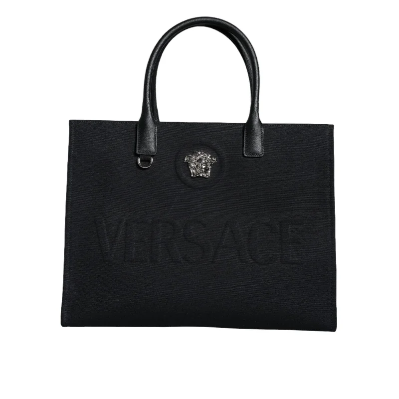 Handle bags with camouflage patterns for edge -Versace Black Top Handle Canvas Leather Logo Shopping Tote Women's Bag