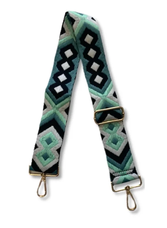 Handle bags with vegan suede for softness -Embroidered Ocean Tones Aztec Guitar Strap In Green/blue