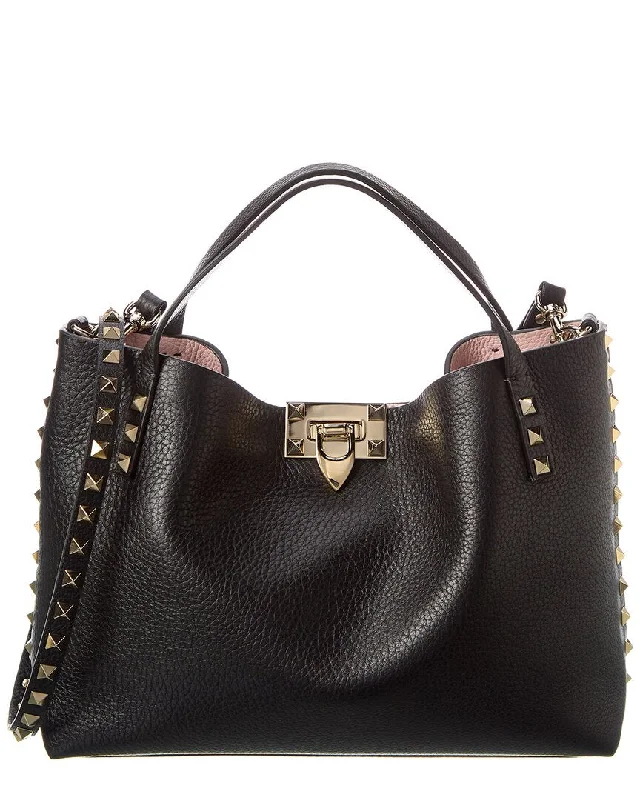 Handle bags with sturdy bases for stability -Valentino Rockstud Small Grainy Leather Tote