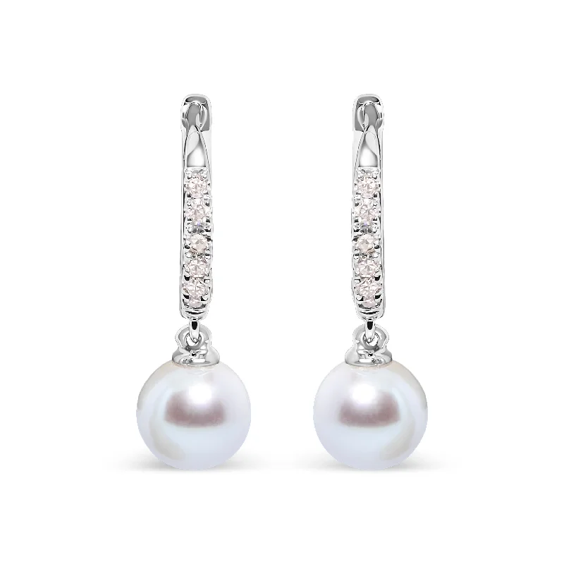 Hoop earrings with pearl accents for a chic and classic style-10K White Gold 6x6 MM Cultured Freshwater Pearl and Diamond Accent Drop Huggy Earring