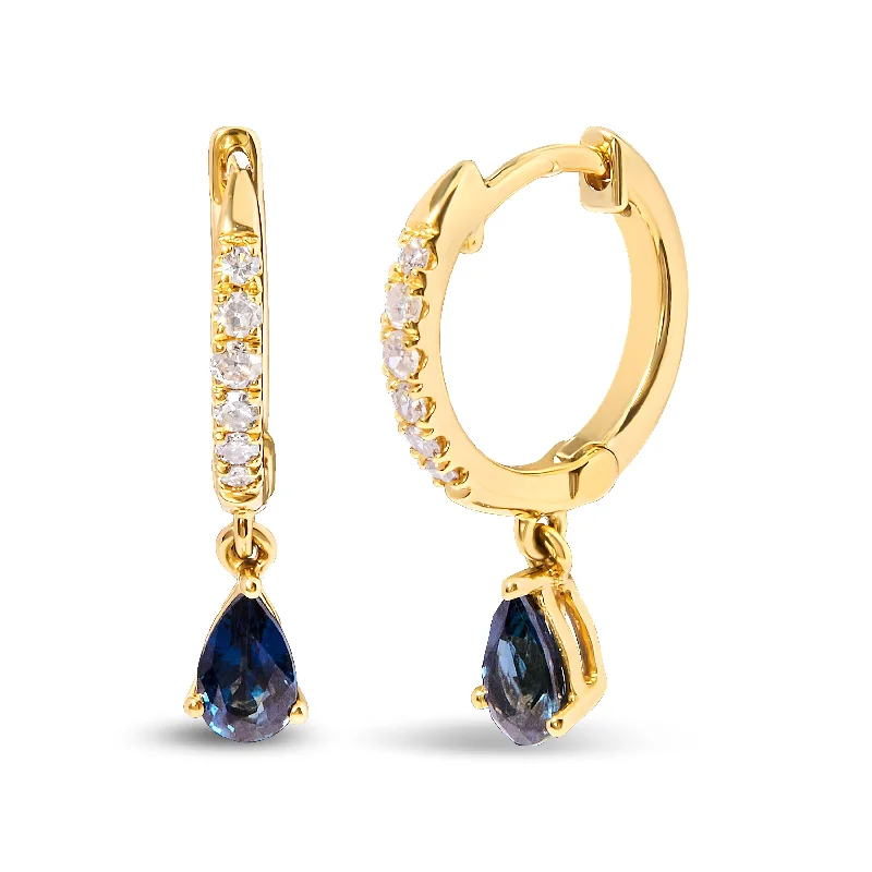 Best hoop earrings with intricate beaded details for a textured, stylish appearance-10K Yellow Gold Pear Blue Sapphire and 1/10 Cttw Diamond Drop and Dangle Huggy Hoop Earrings