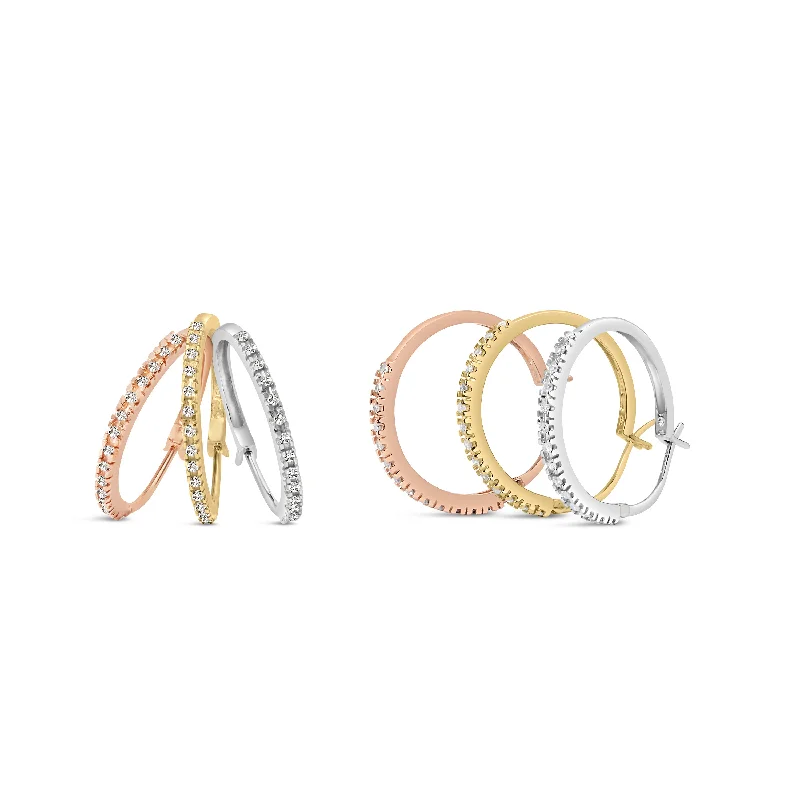 Best hoop earrings with geometric triangle shapes for a modern, chic design-14K Tri-Toned Gold 1/3 Cttw Diamond Triple Hoop Earrings