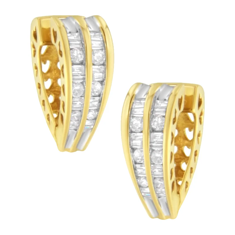 Hoop earrings with gold accents for a warm, elegant statement piece-14K Yellow and White Gold 1.0 Cttw Channel Set Round and Baguette Diamond Multi Row Huggy Hoop Earrings