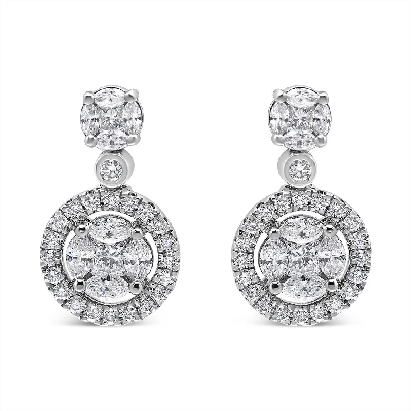 Hoop earrings with intricate designs for a unique and artistic appearance-18K White Gold 2.0 Cttw Round Shape Diamond Composite Halo Dangle Stud Earring