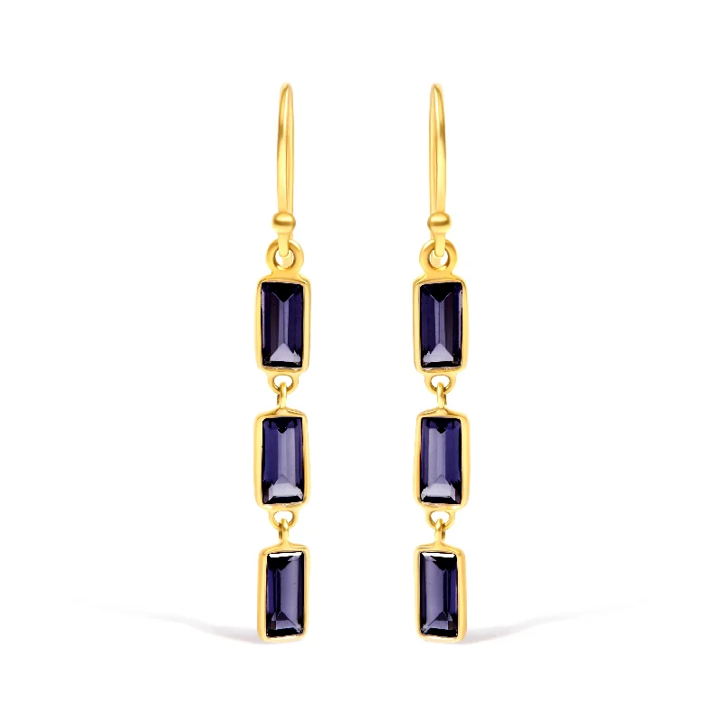 Large hoop earrings for a bold and statement-making fashion accessory-18K Yellow Gold 8x3 MM Bezel Set Purple Baguette Iolite Stiletto 1 1/2 Inch" Dangle Earrings