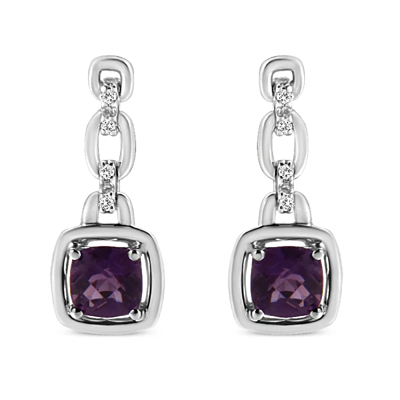 Hoop earrings with stacked layers for a bold and textured design-.925 Sterling Silver 6x6MM Cushion Shaped Natural Purple Amethyst and Diamond Accent Drop and Dangle Earrings