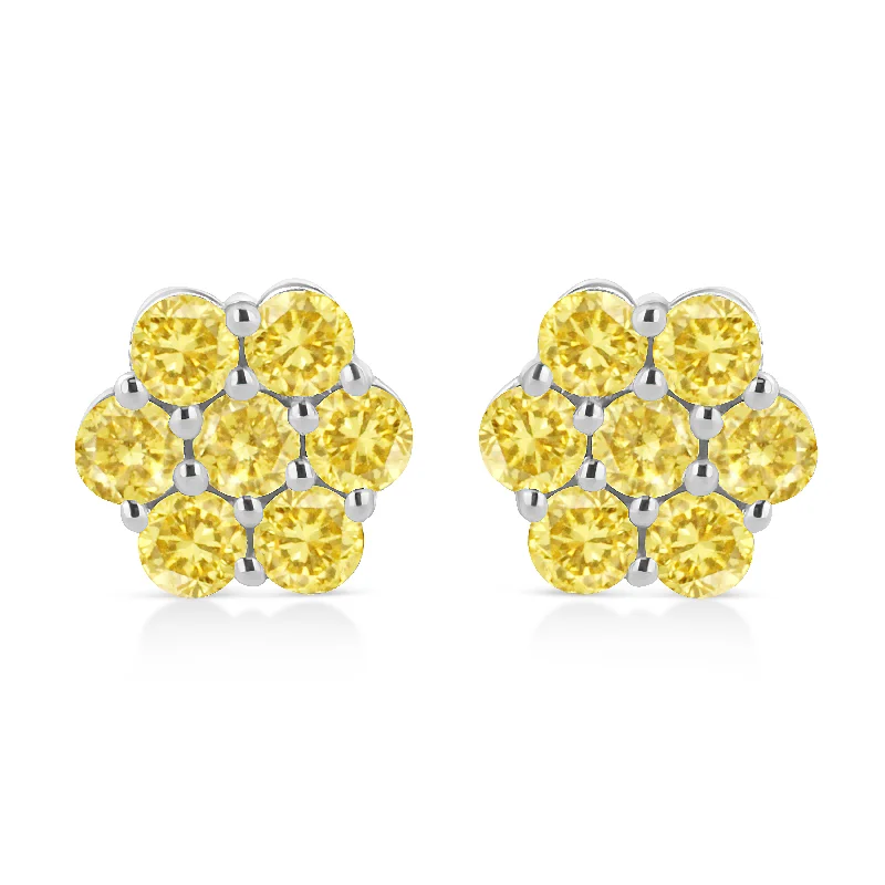 Stylish hoop earrings with diamond accents for an elegant and sparkling effect-.925 Sterling Silver  Prong Set Round-Cut Treated Colored Diamond Floral Cluster Stud Earring