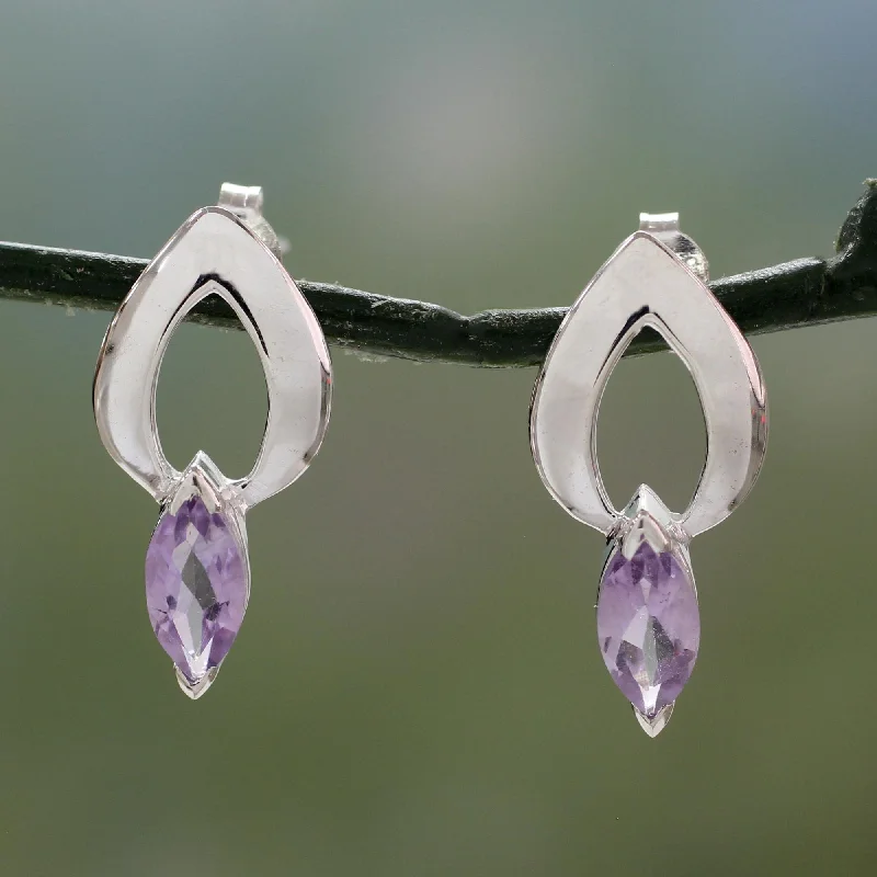 Best hoop earrings with geometric pendants for a modern, chic appeal-Anticipation Amethyst & Silver Button Earrings