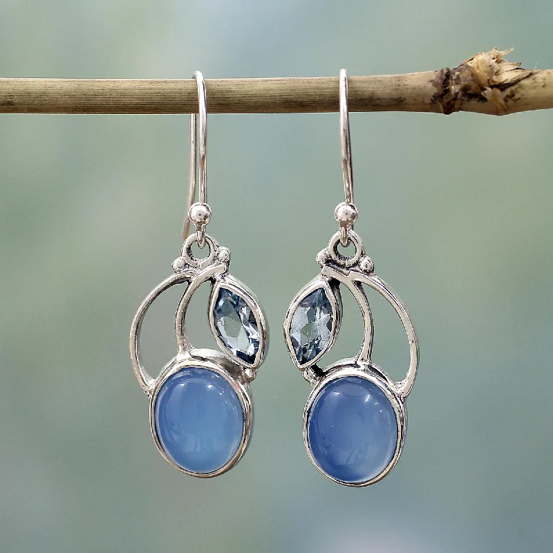 Hoop earrings with a matte black finish for a sleek, edgy vibe-Blue Fog Chalcedony & Topaz Dangle Earrings