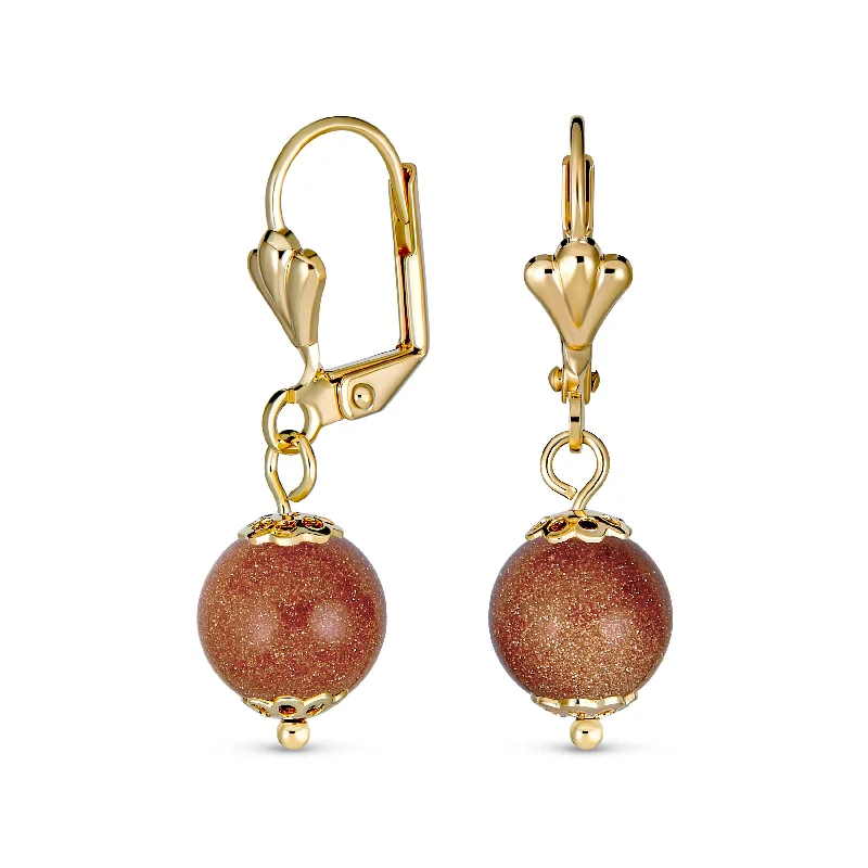 Best hoop earrings with baroque pearls for a luxurious and elegant vibe-Classic Round Brown Goldstone Drop Ball Earrings 18K Gold Plated 8MM