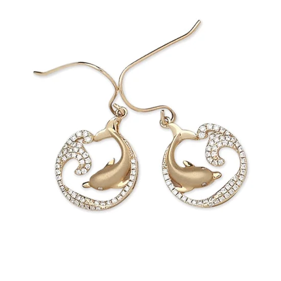 Hoop earrings with braided patterns for a detailed and textured finish-Dolphin and Waves Earrings, 14Kt