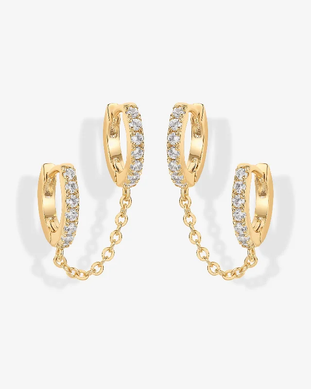 Hoop earrings with hammered textures for a boho-chic and rustic vibe-Double Hoop CZ Chained Huggie Hoop