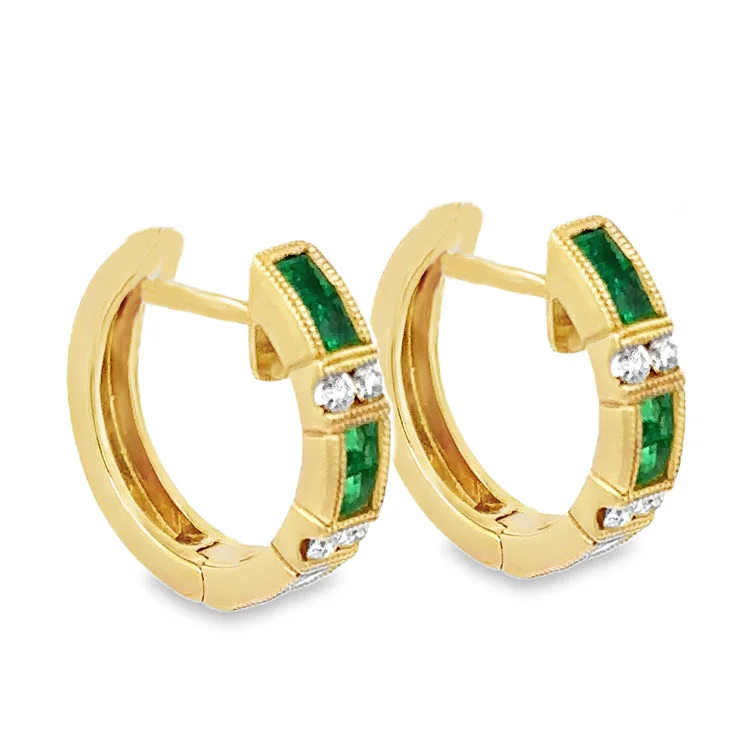 Hoop earrings with removable pendants for a versatile and customizable accessory-Emerald and Diamond Hoop Earrings, 14Kt