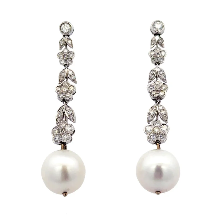 Hoop earrings with faceted crystals for added sparkle and shine-Estate Pearl and Diamond Earrings, 18Kt