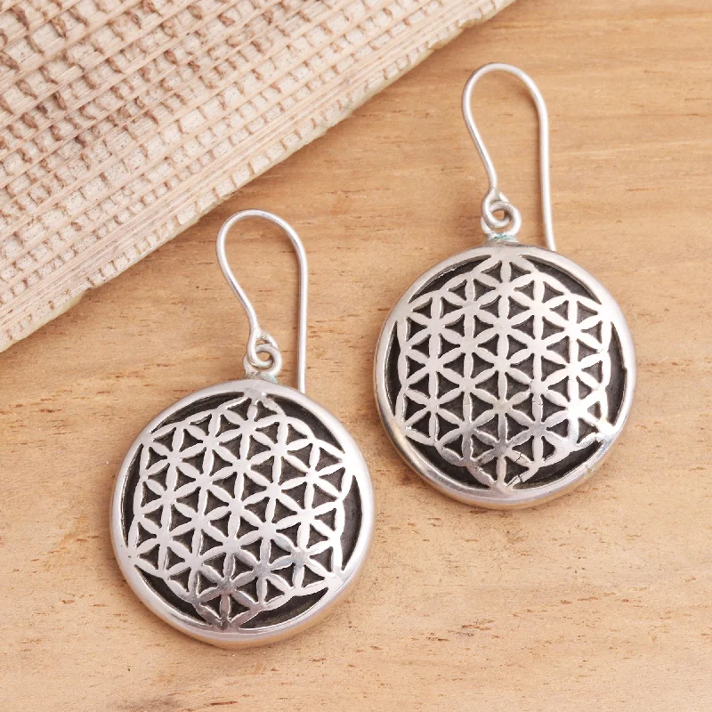 Hoop earrings with rhinestone embellishments for a glamorous and sparkling look-Flower of Life Hand Crafted Sterling Silver Dangle Earrings