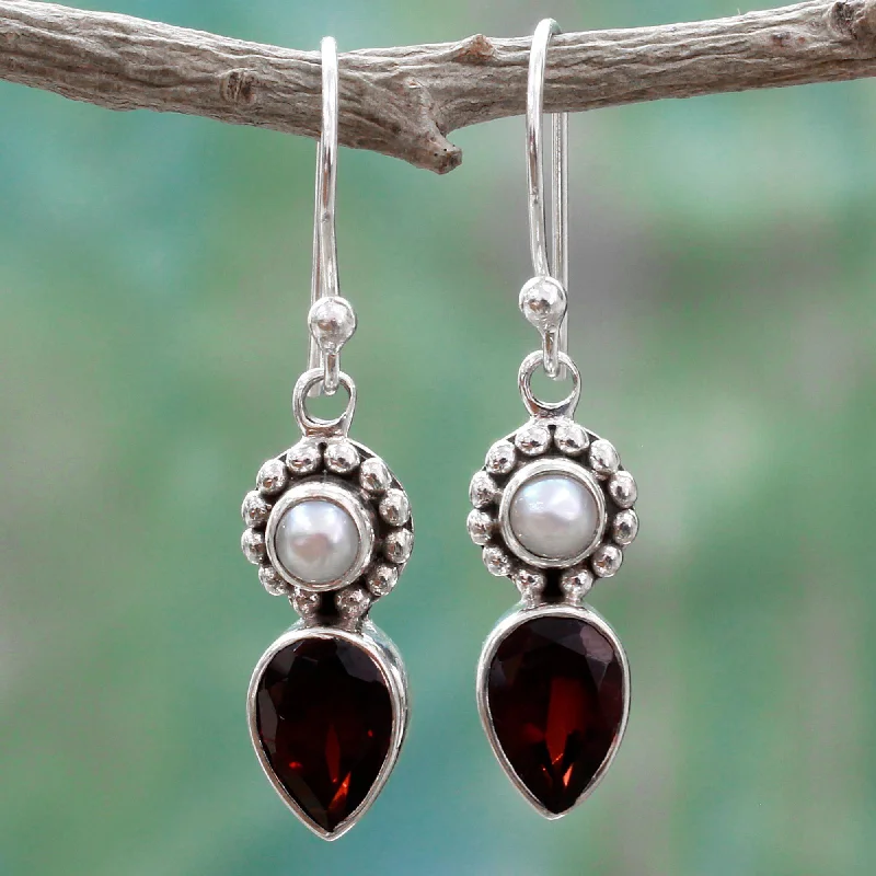 Best hoop earrings with smooth ceramic finishes for a polished, clean style-Garnet & Pearl Tear Dangle Earrings