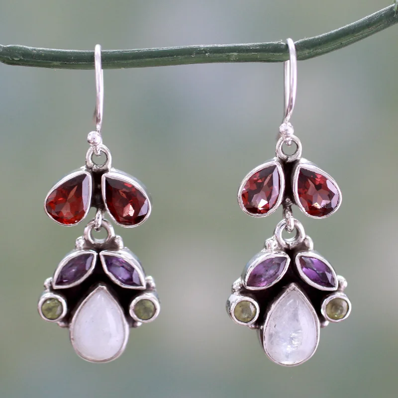 Hoop earrings with polished silver finish for a shiny, modern appeal-Garnet & Rainbow Moonstone Chandelier Earrings