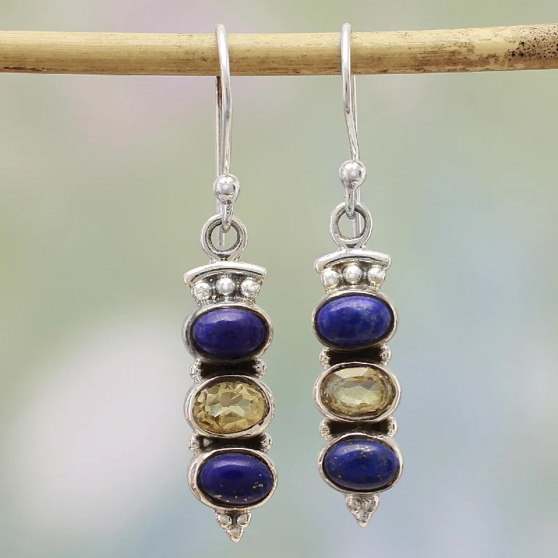 Hoop earrings with twisted leather for a chic and modern boho look-Golden Mystique Lapis Lazuli Dangle Earrings