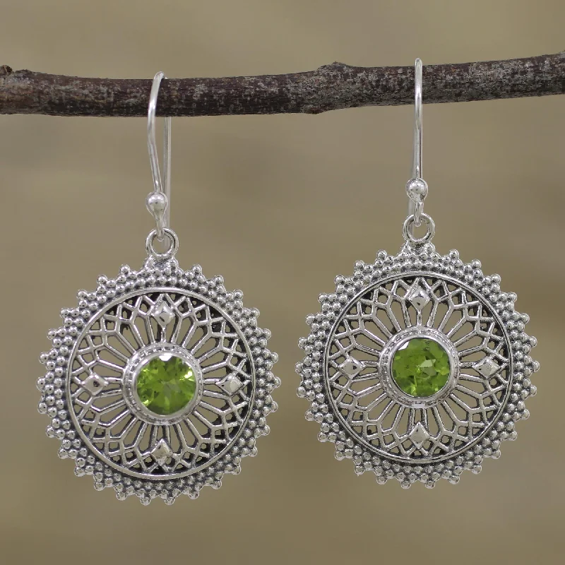 Hoop earrings with satin finishes for a smooth and elegant appearance-Green Suns Peridot Silver Dangle Earrings