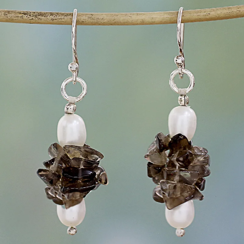 Hoop earrings with twisted leather for a chic and modern boho look-Hazy Moon Smoky Quartz & Pearl Silver Beaded Earrings