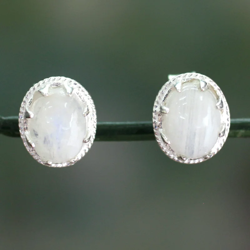 Best hoop earrings with matching bracelets for a coordinated jewelry set-Morning Frost Moonstone & Silver Button Earrings