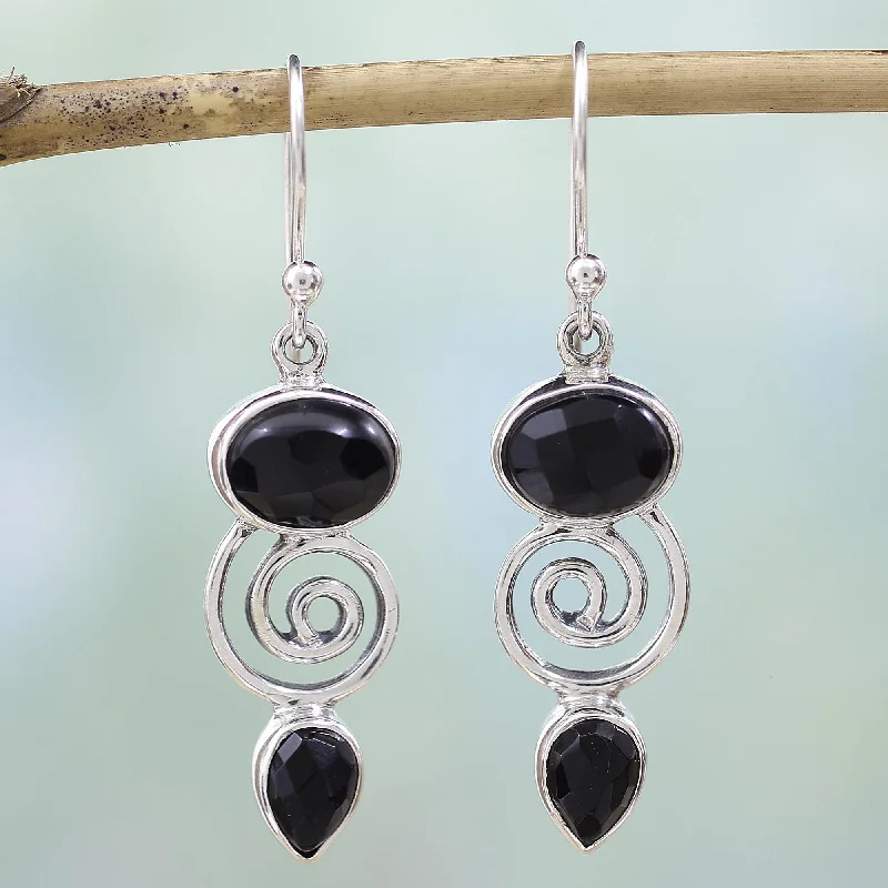 Small hoop earrings for a delicate and understated everyday wear-Onyx & Sterling Silver Dangle Earrings