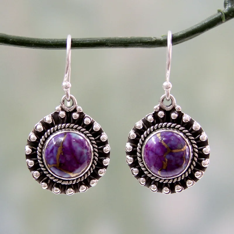 Hoop earrings with crescent moon shapes for a celestial and mystical appearance-Purple Fire Turquoise & Silver Dangle Earrings