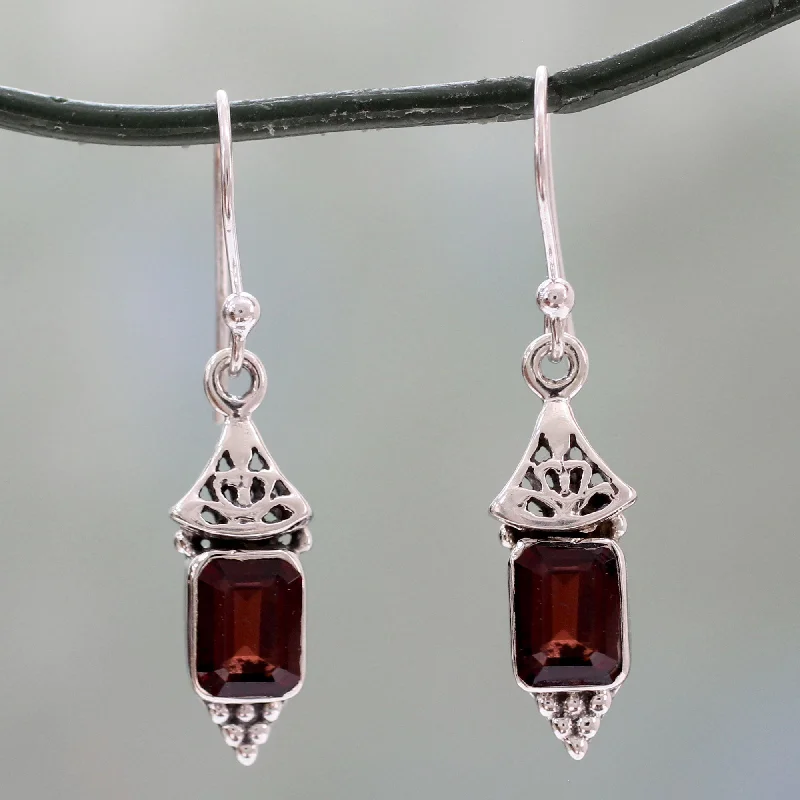 Hoop earrings with hammered copper for a warm and rustic aesthetic-Red Lantern Garnet & Silver Dangle Earrings