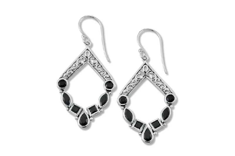 Hoop earrings with abstract wirework for an artistic, unique look-Riviera Filigree Earrings- Black Spinel