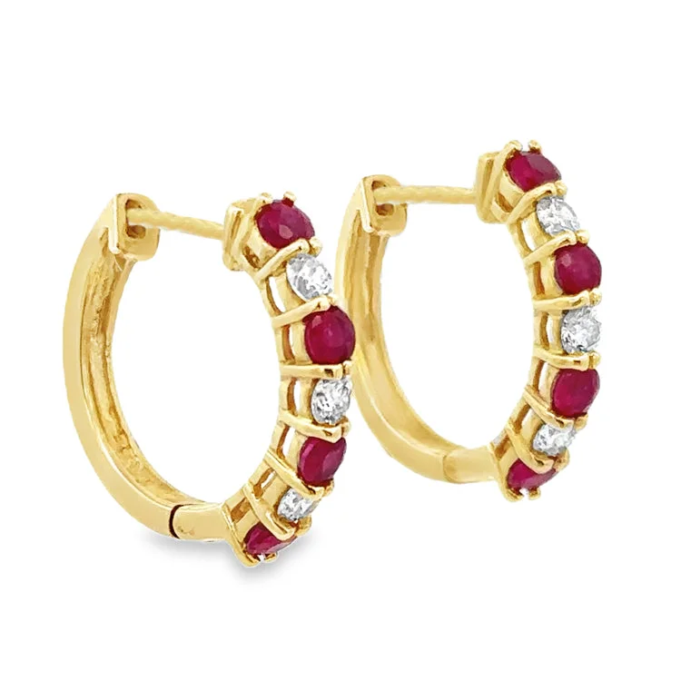 Best hoop earrings with gemstone accents for a colorful and elegant appearance-Ruby and Diamond Hoop Earrings, 14Kt