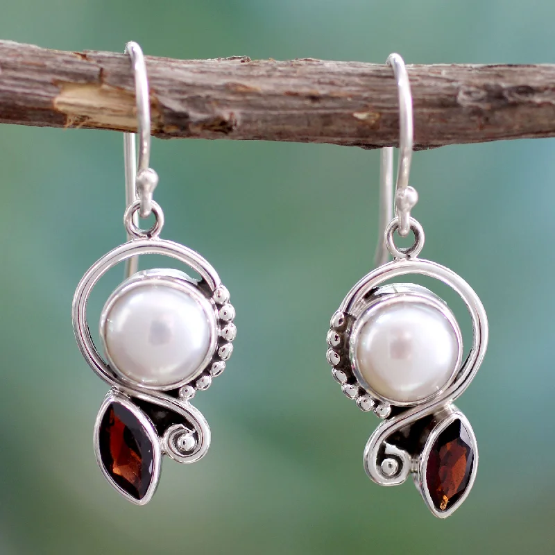 Hoop earrings with crescent moon shapes for a celestial and mystical appearance-Sublime Romance Garnet & Pearl Dangle Earrings