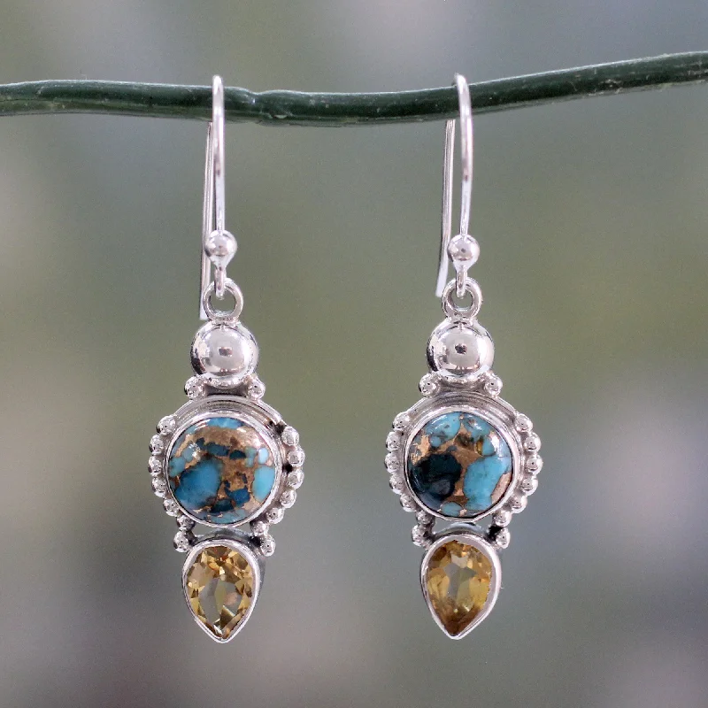 Best hoop earrings with gemstone accents for a colorful and elegant appearance-Summer Sunset Citrine Turquoise & Silver Dangle Earrings