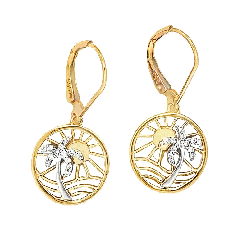 Hoop earrings with infinity loop designs for a continuous and eternal shape-Sun and Palm Tree Earrings, 14Kt