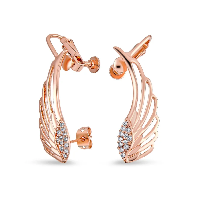 Hoop earrings with heart-shaped frames for a romantic and feminine look-Trendy Angel Wing Feather Ear Cuff Cartilage Earrings Rose Gold Silver Plated