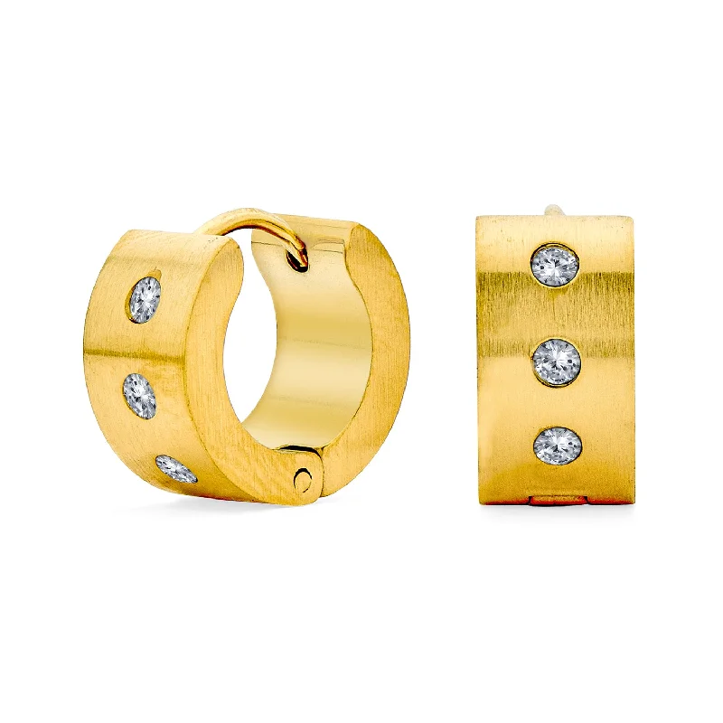 Hoop earrings with diamond-cut surfaces for added sparkle and shine-Unisex Wide CZ Hoop Earrings Gold Plated Stainless Steel Huggie K-pop Style